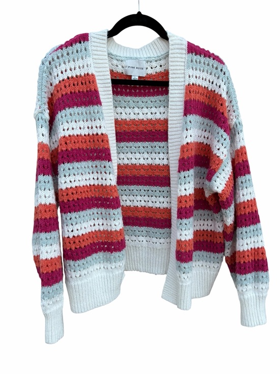 Pink Rose Sweaters - Pink Rose Striped Open-Front Knit Cardigan - White, Pink & Orange